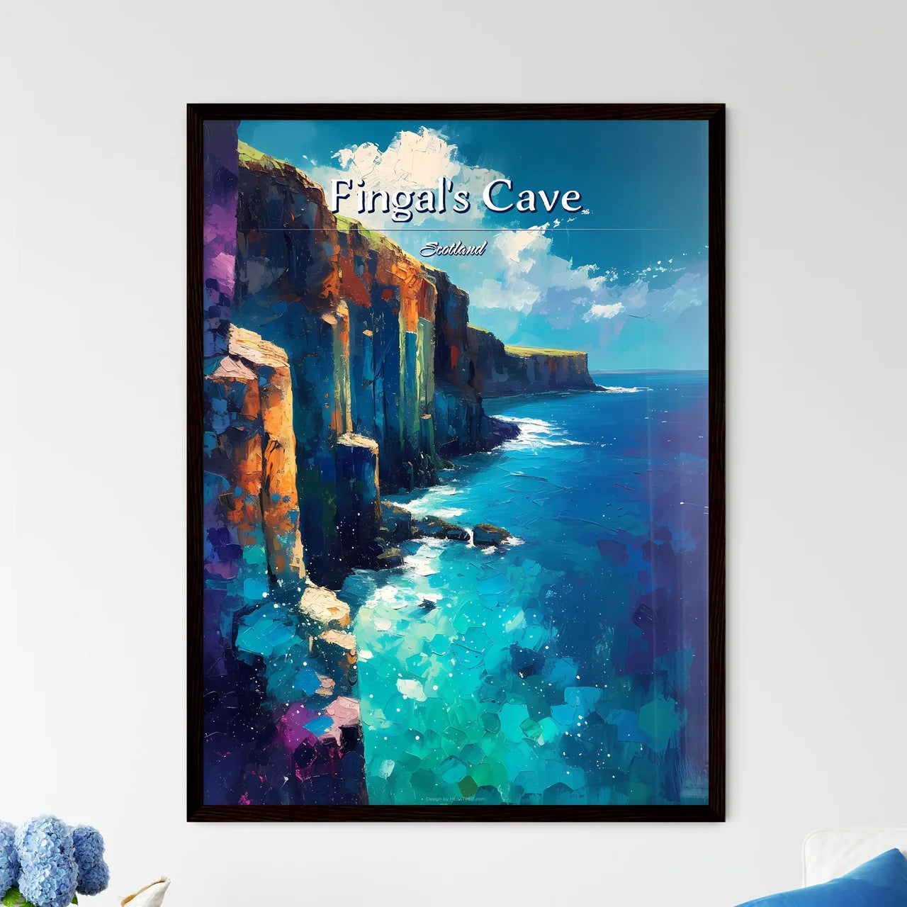 Fingal's Cave, Scotland - Art print of a painting of a cliff by the ocean Framed Art