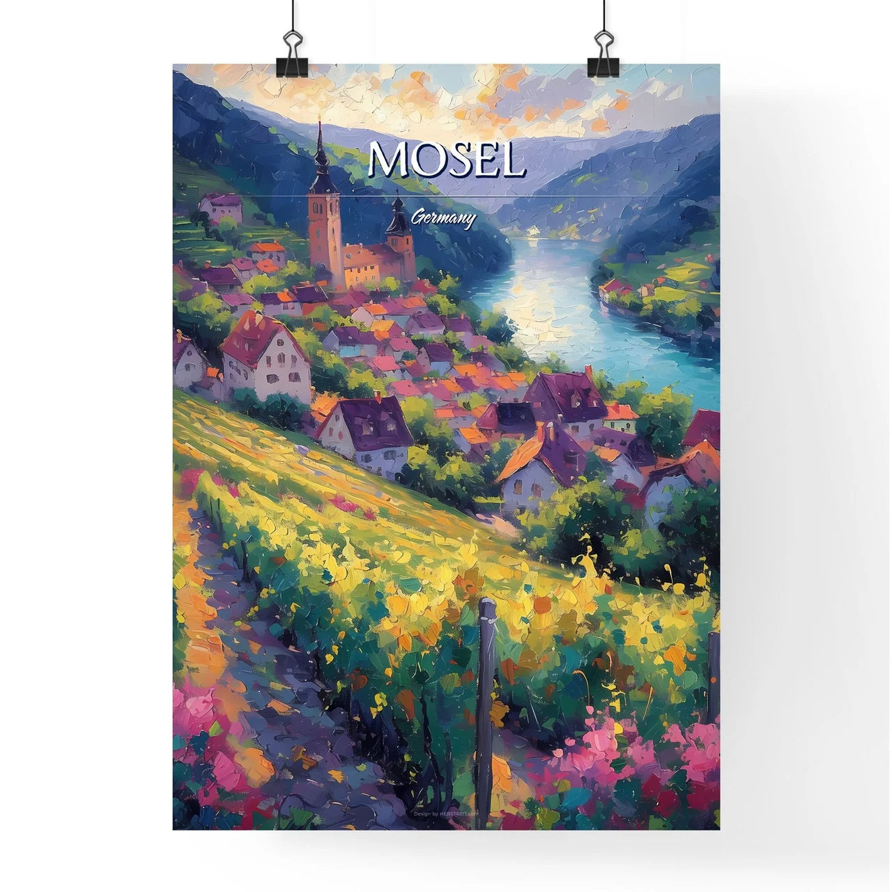 Mosel, Germany - Art print of a painting of a town by a river Poster