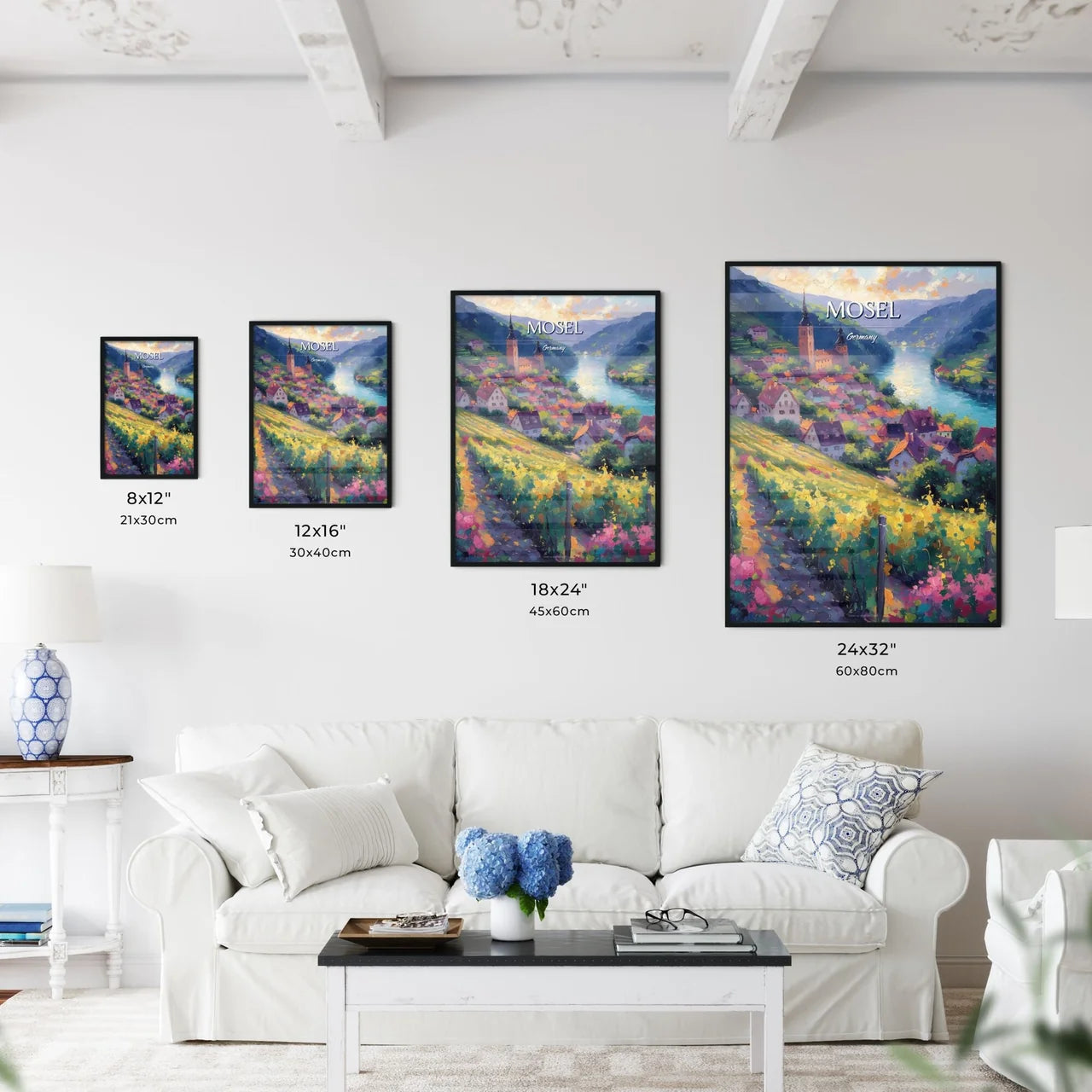 Mosel, Germany - Art print of a painting of a town by a river Size Chart