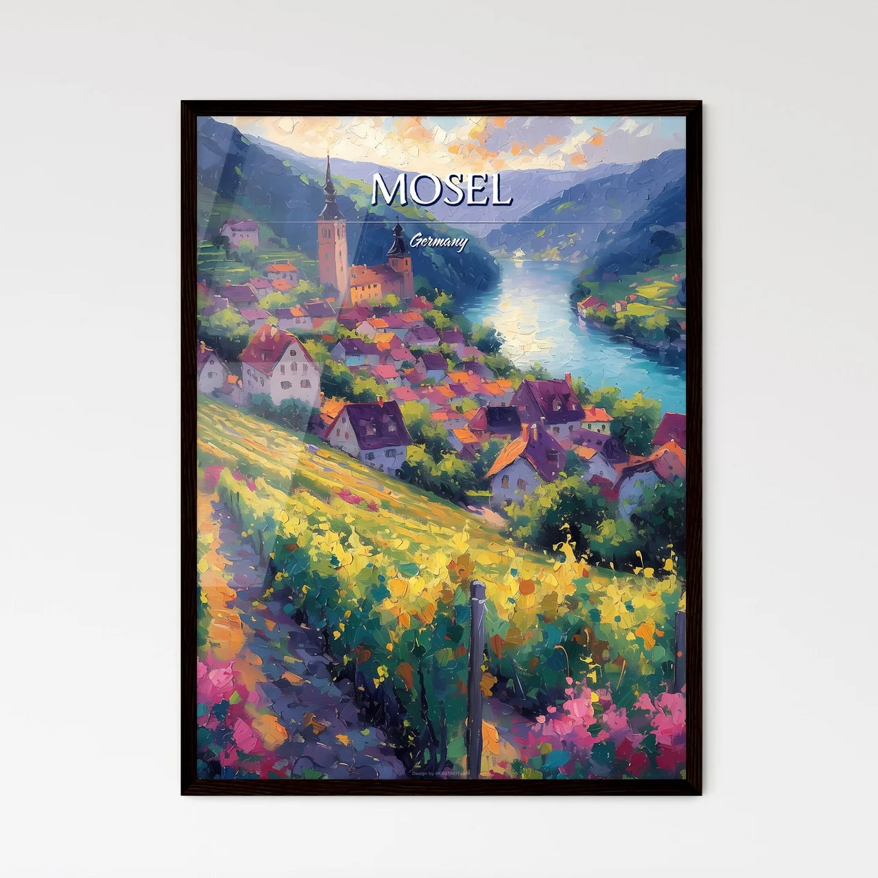 Mosel, Germany - Art print of a painting of a town by a river Framed Art