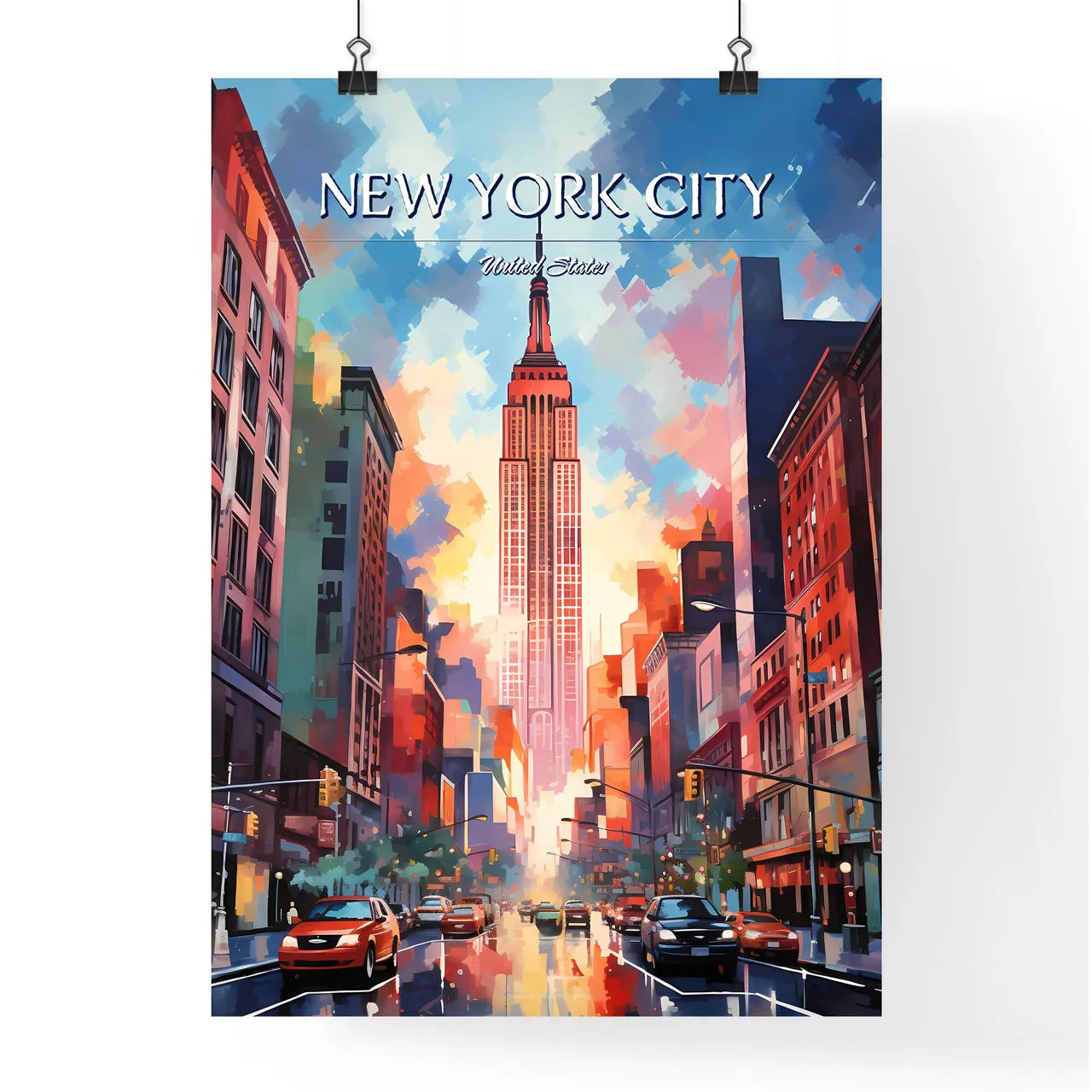 New York City - Art print of a city street with a tall building in the distance Poster