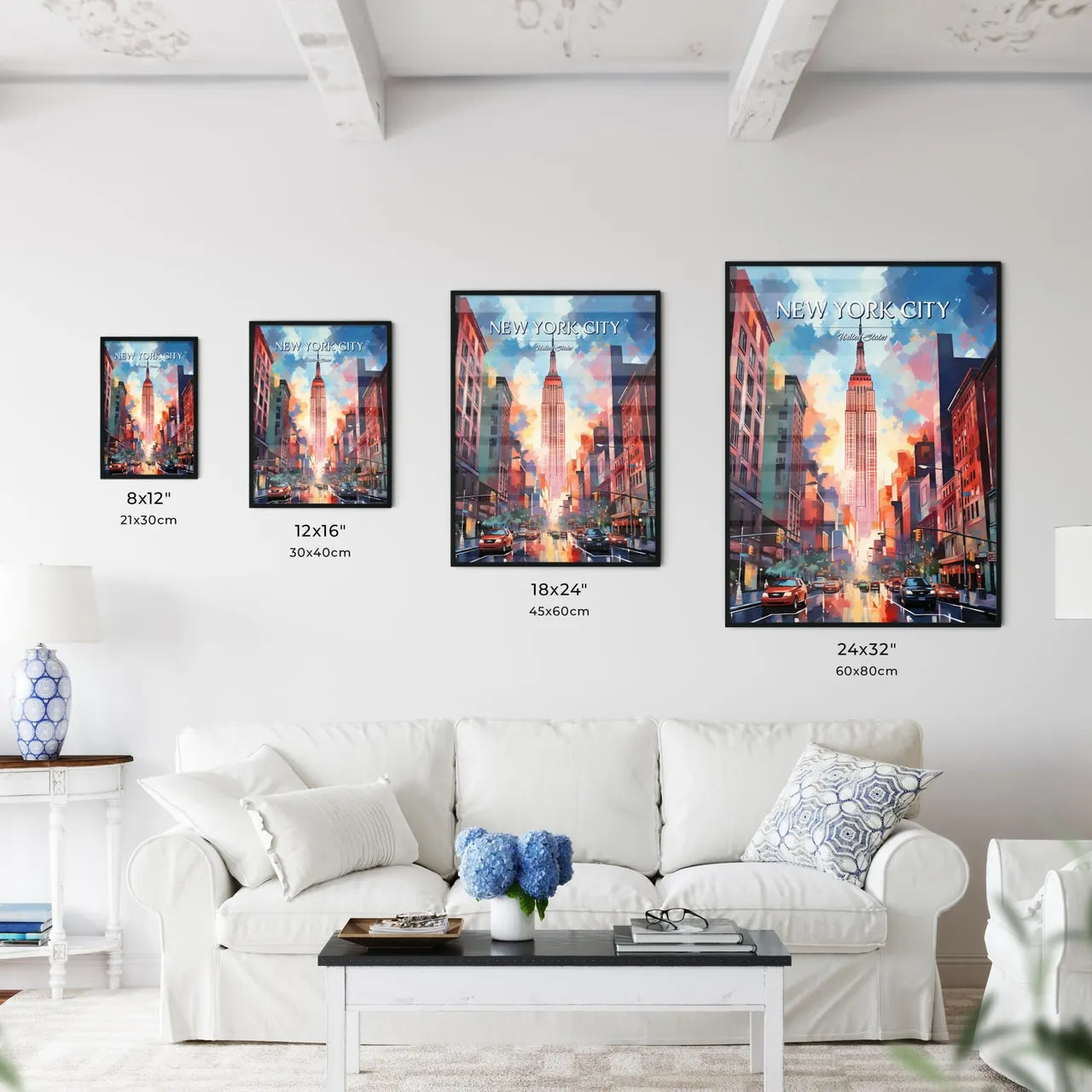 New York City - Art print of a city street with a tall building in the distance Size Chart