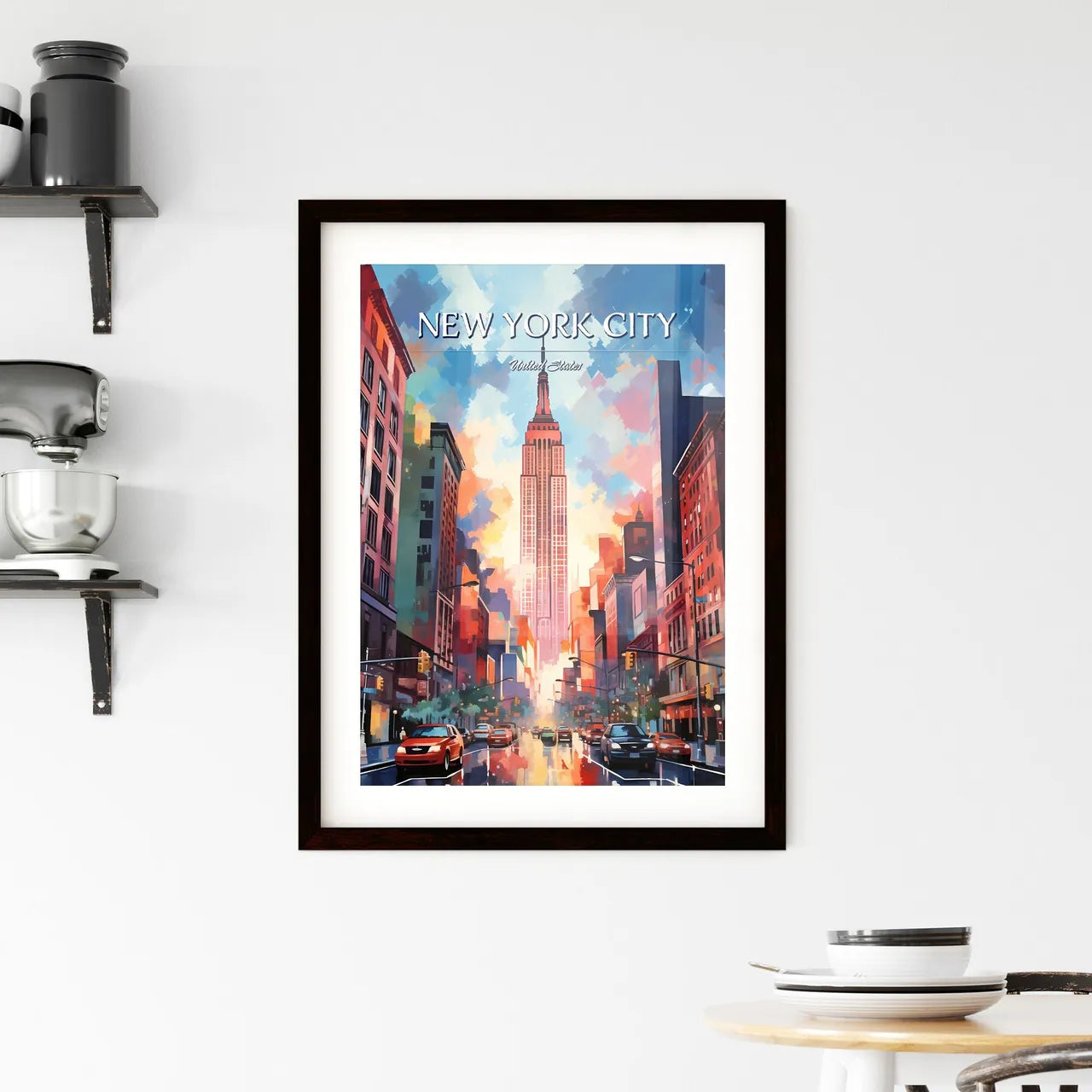 New York City - Art print of a city street with a tall building in the distance Custom Print
