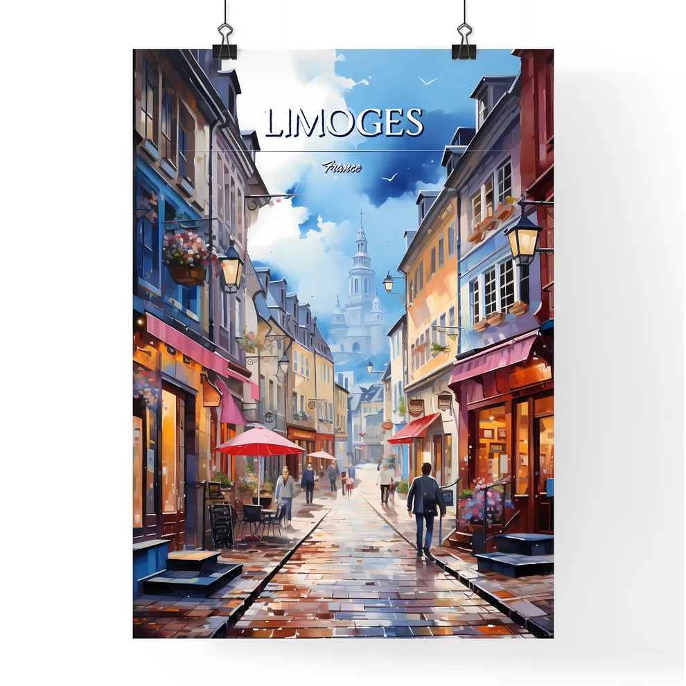 Limoges, France - Art print of a street with people walking down it Poster