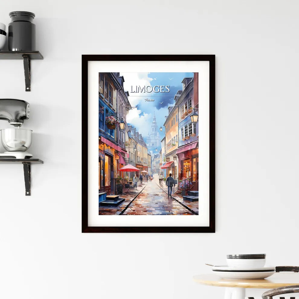 Limoges, France - Art print of a street with people walking down it Custom Print