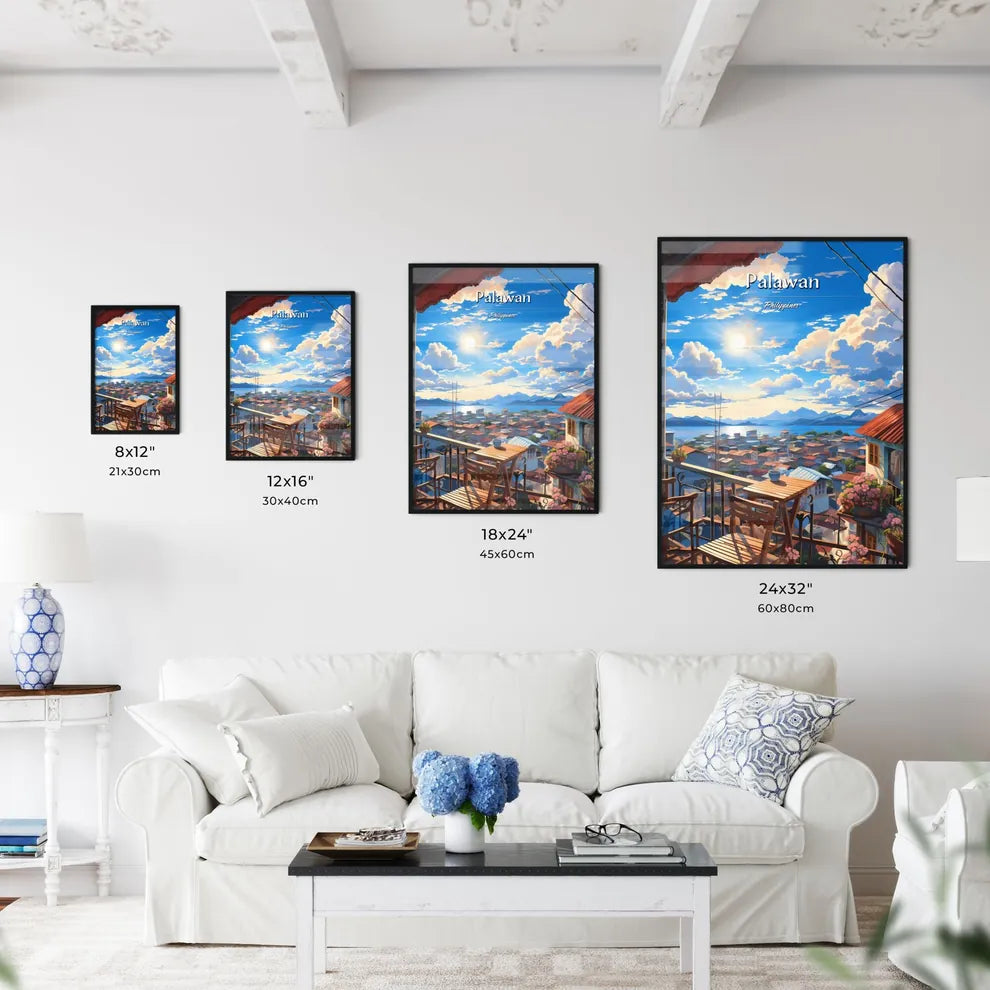 On the roofs of Palawan, Philippines - Art print of a view of a city from a balcony Size Chart