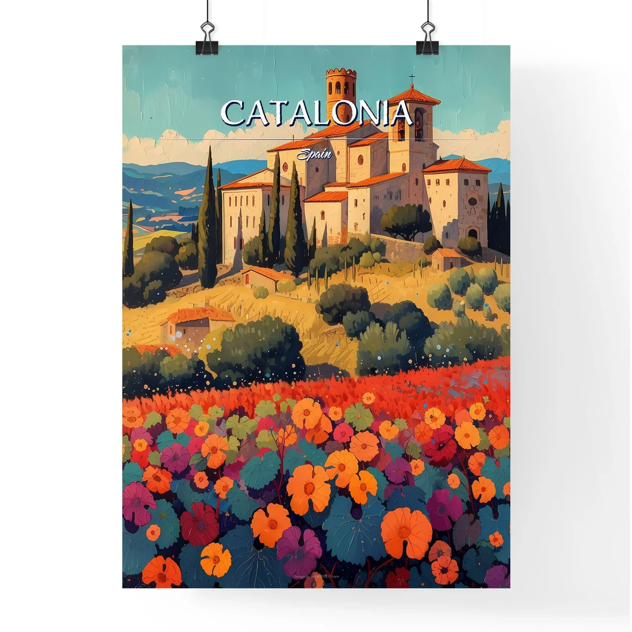 Catalonia, Spain - Art print of a painting of a building on a hill with flowers Poster