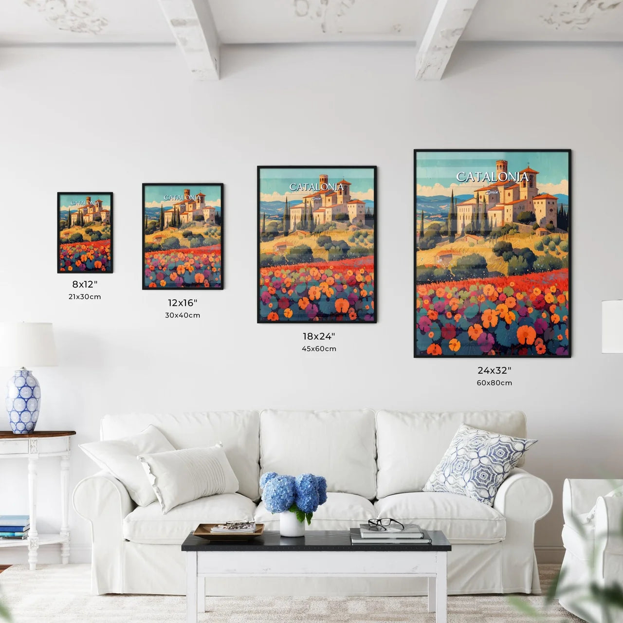 Catalonia, Spain - Art print of a painting of a building on a hill with flowers Size Chart