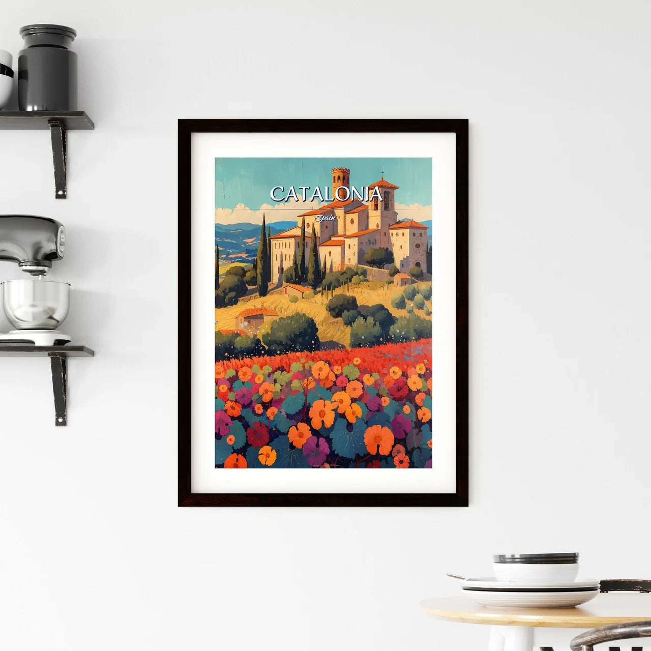 Catalonia, Spain - Art print of a painting of a building on a hill with flowers Custom Print