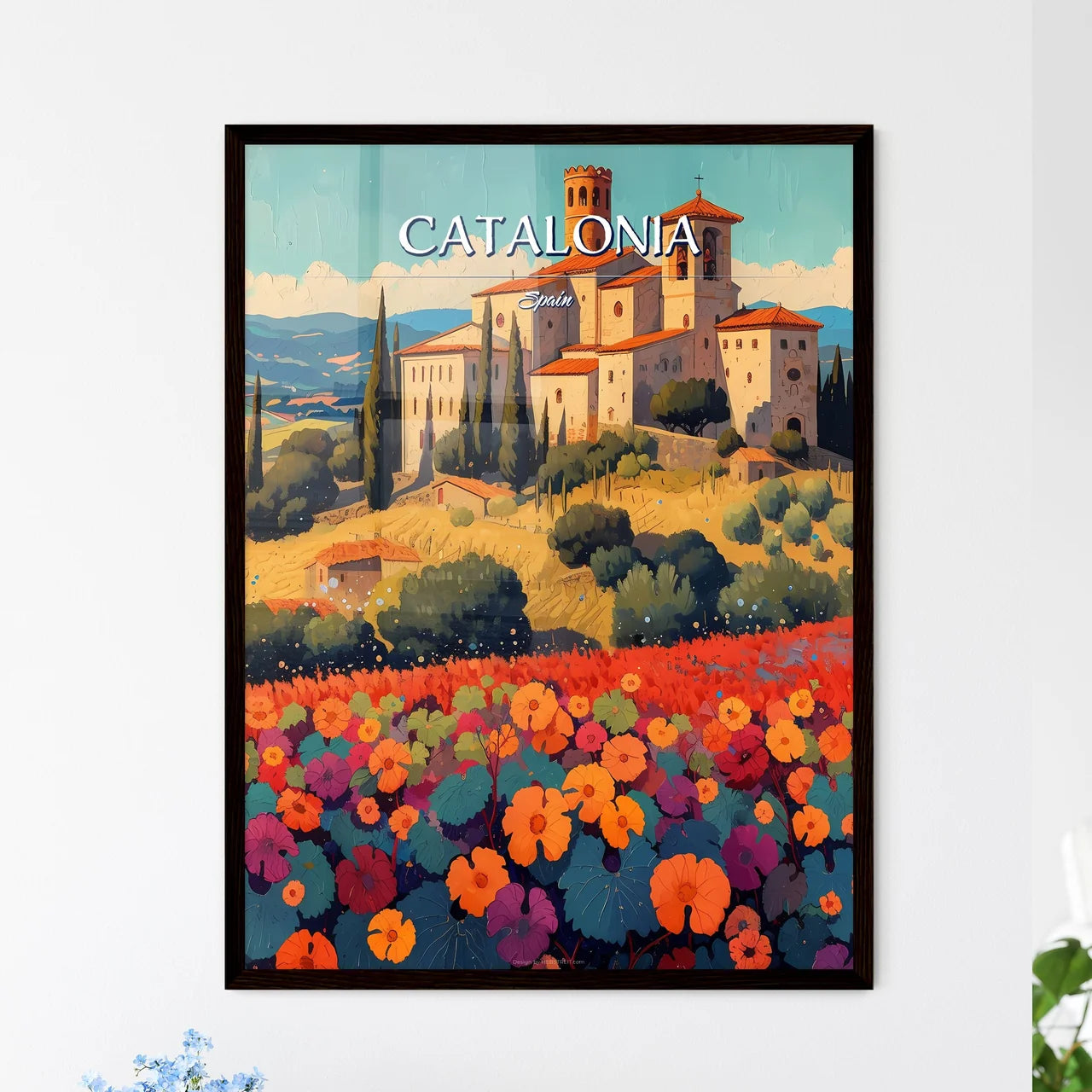 Catalonia, Spain - Art print of a painting of a building on a hill with flowers Framed Art