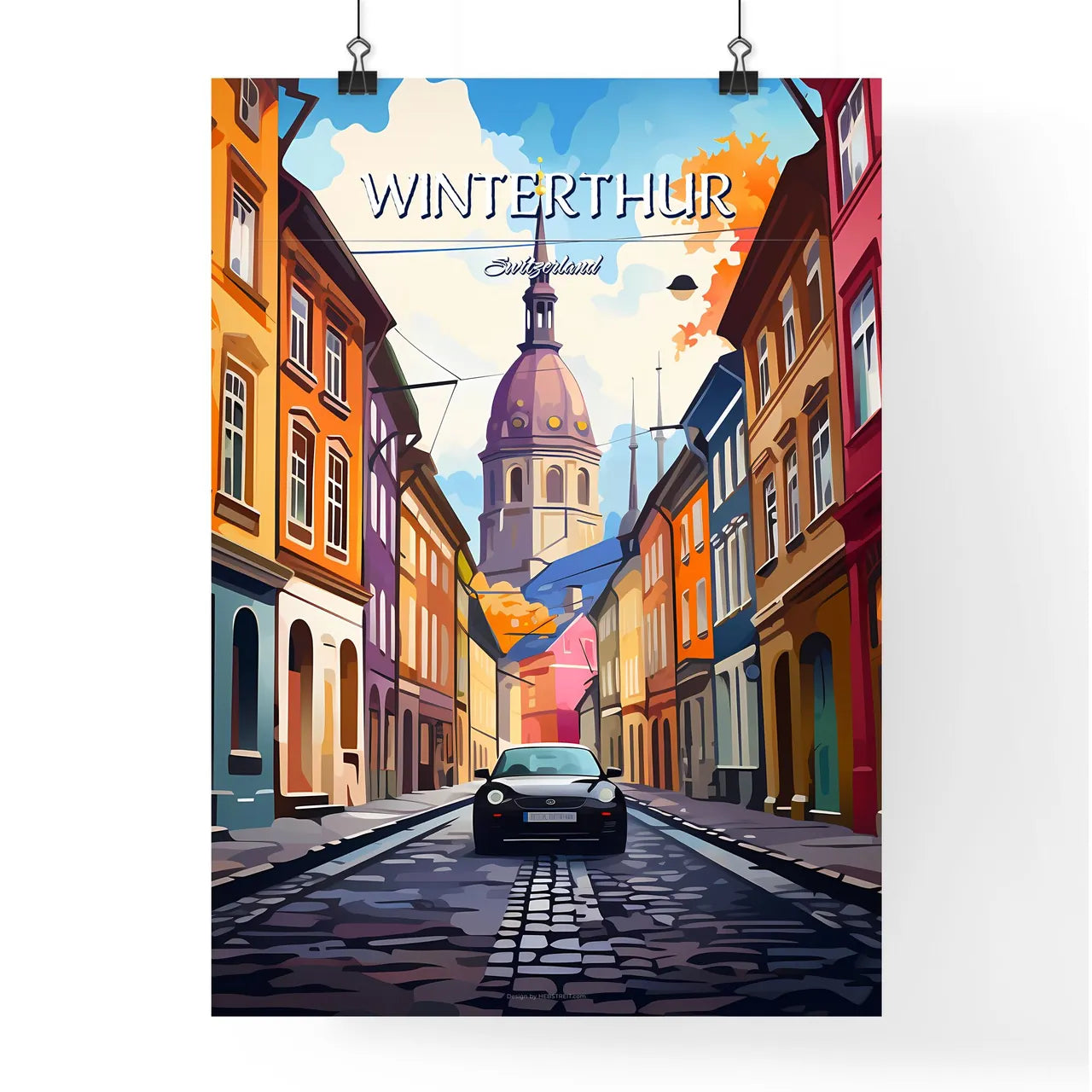 Winterthur, Switzerland - Art print of a car on a street in a city Poster