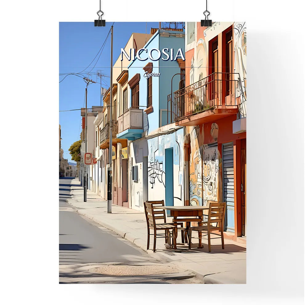 Nicosia, Cyprus - Art print of a table and chairs on a street Poster