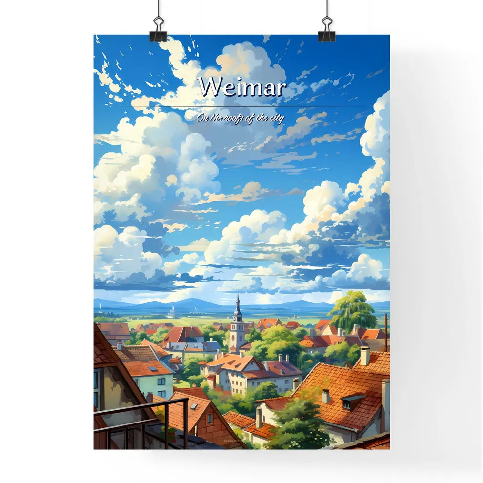 On the roofs of Weimar - Art print of a city with red roofs and trees and clouds in the sky Poster