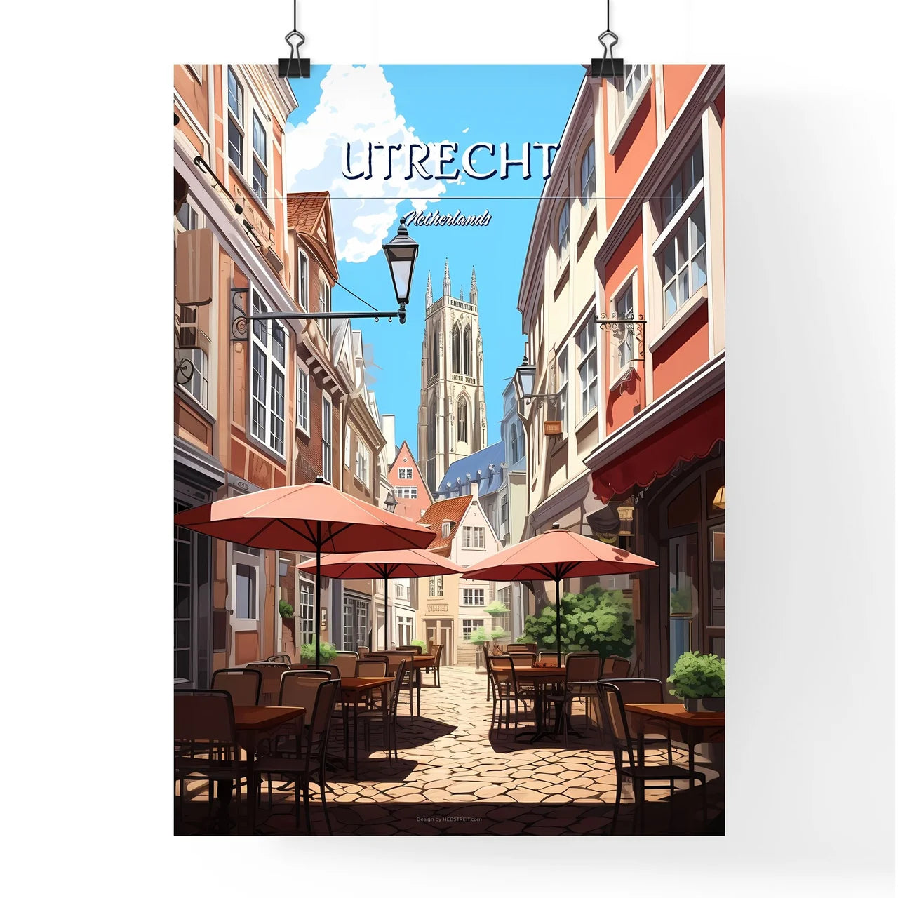 Utrecht, Netherlands - Art print of a street with tables and umbrellas Poster