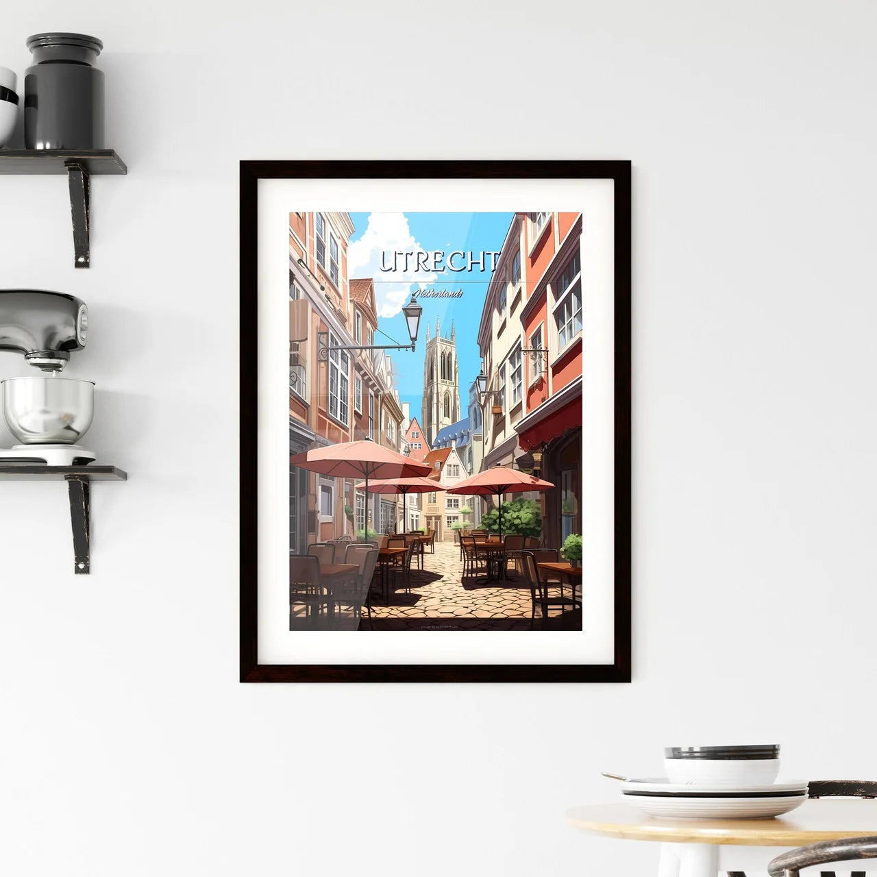 Utrecht, Netherlands - Art print of a street with tables and umbrellas Custom Print