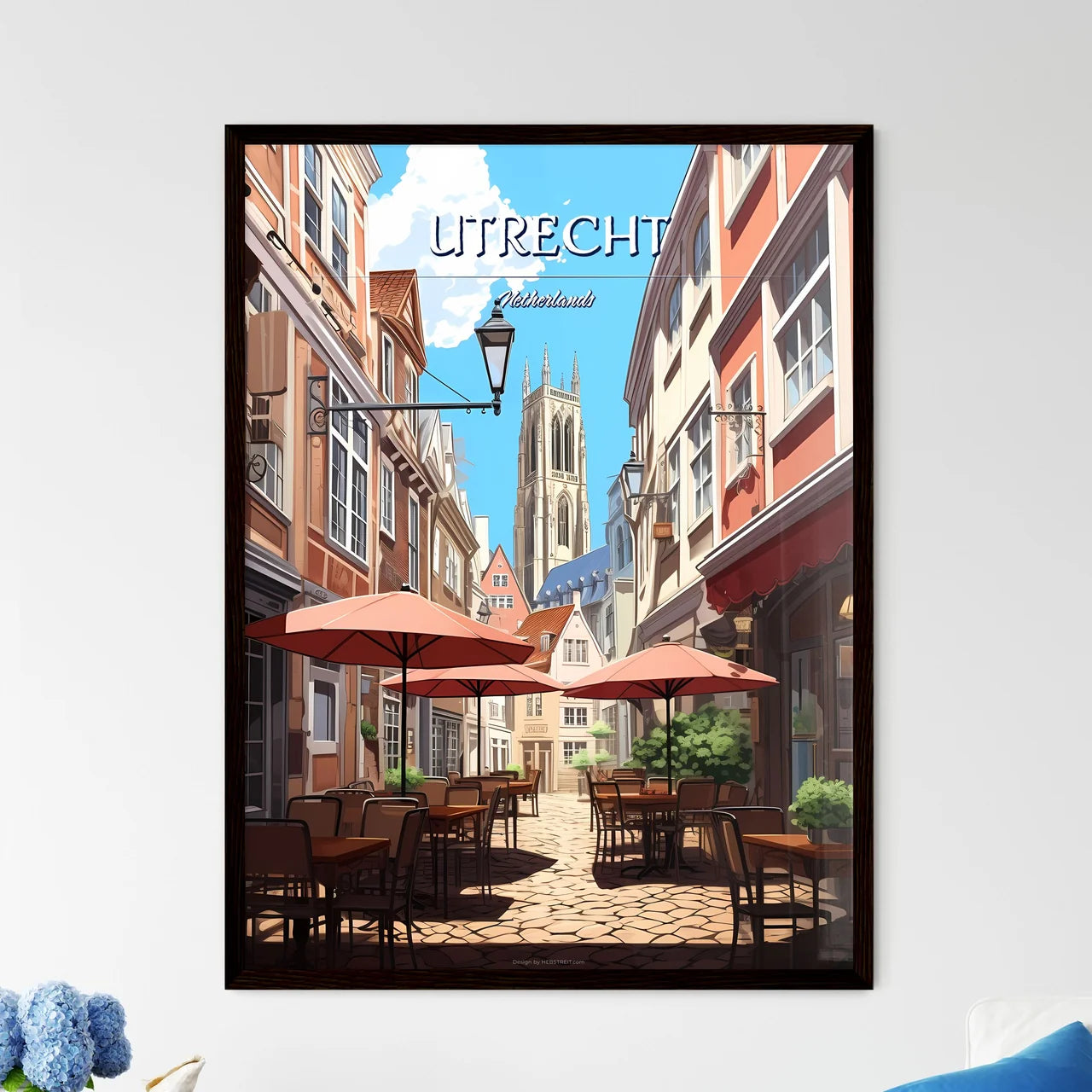 Utrecht, Netherlands - Art print of a street with tables and umbrellas Framed Art