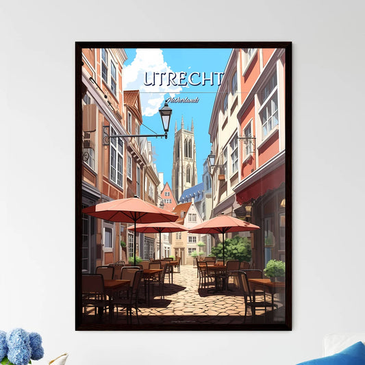 Utrecht, Netherlands - Art print of a street with tables and umbrellas Framed Art
