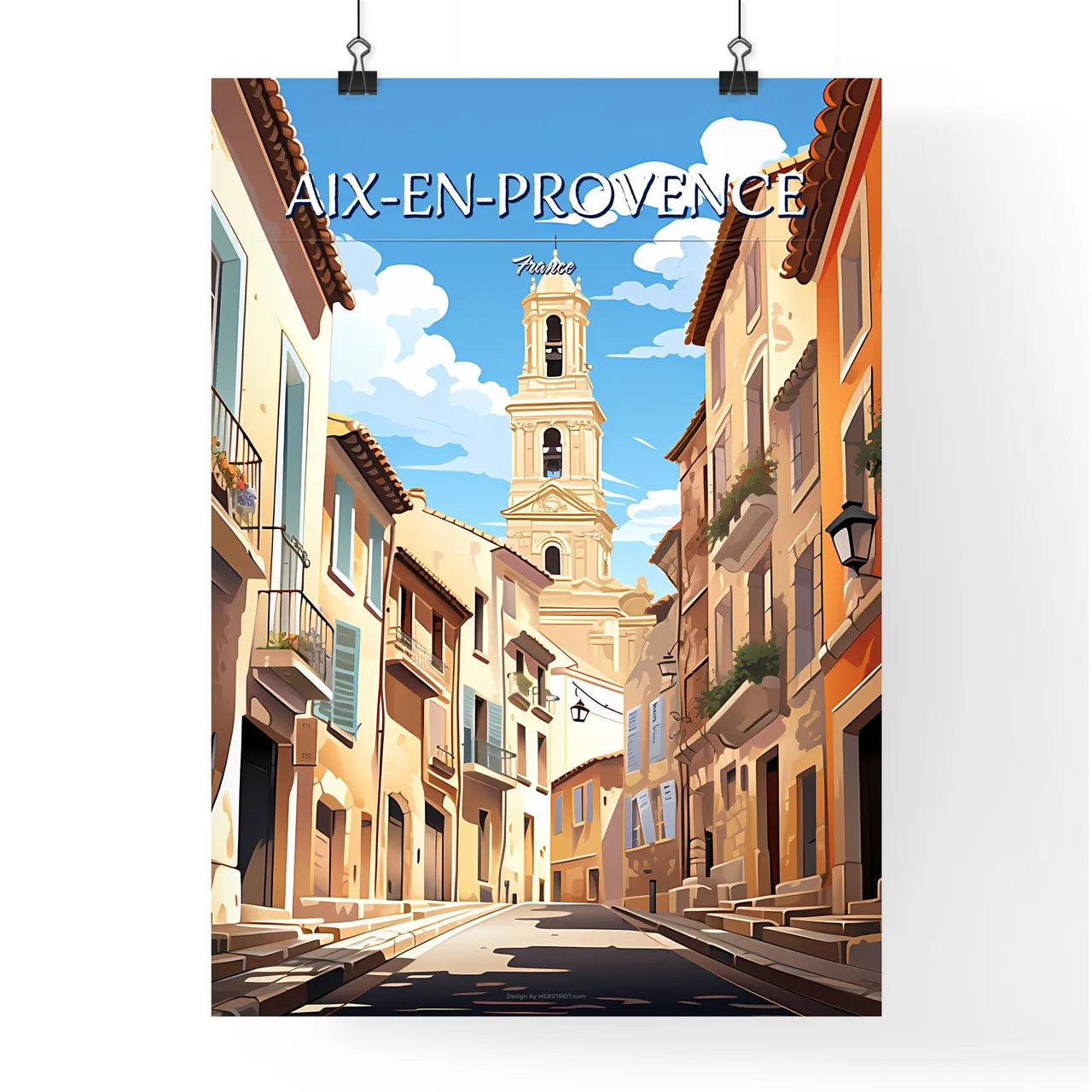 Aix-en-Provence, France - Art print of a street with a tower in the background Poster