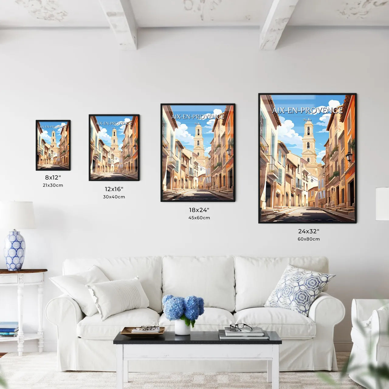 Aix-en-Provence, France - Art print of a street with a tower in the background Size Chart