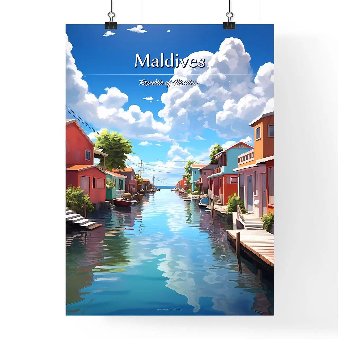 Maldives, Republic of Maldives - Art print of a water way with houses and trees Poster