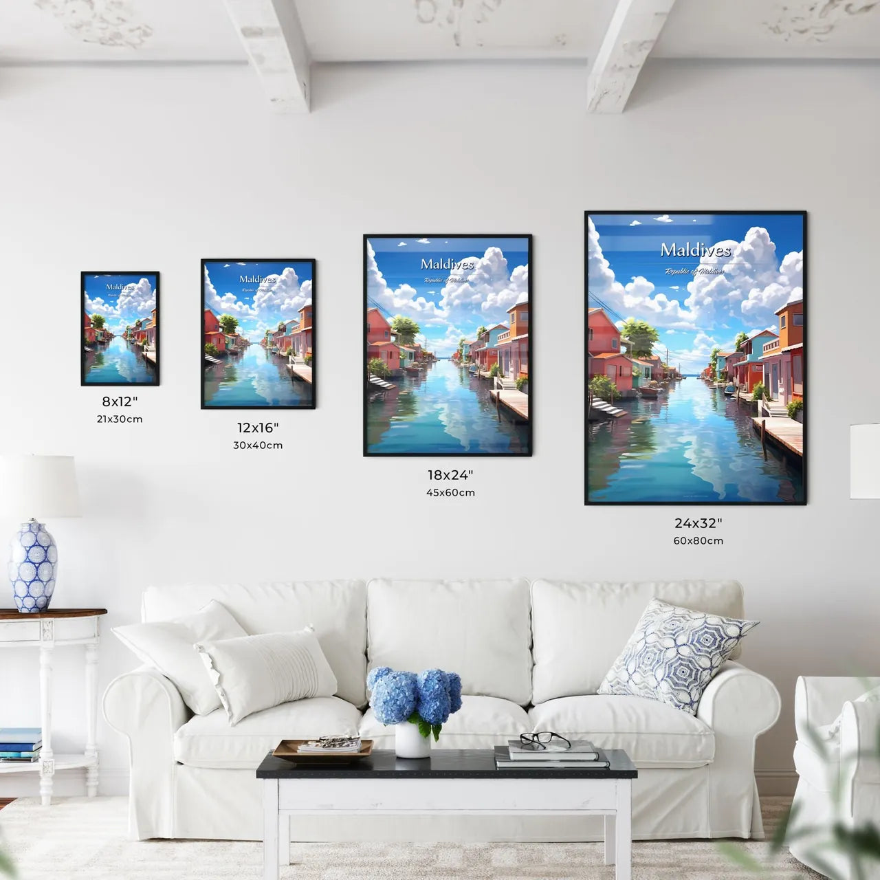 Maldives, Republic of Maldives - Art print of a water way with houses and trees Size Chart