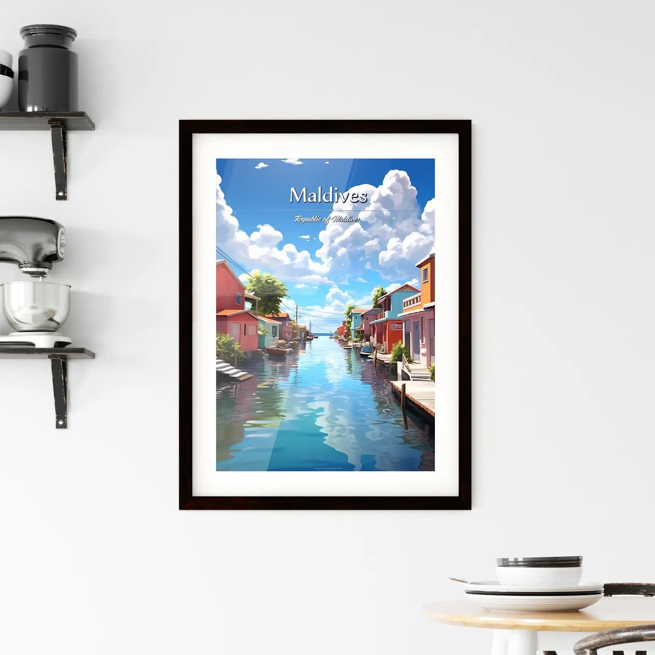 Maldives, Republic of Maldives - Art print of a water way with houses and trees Custom Print