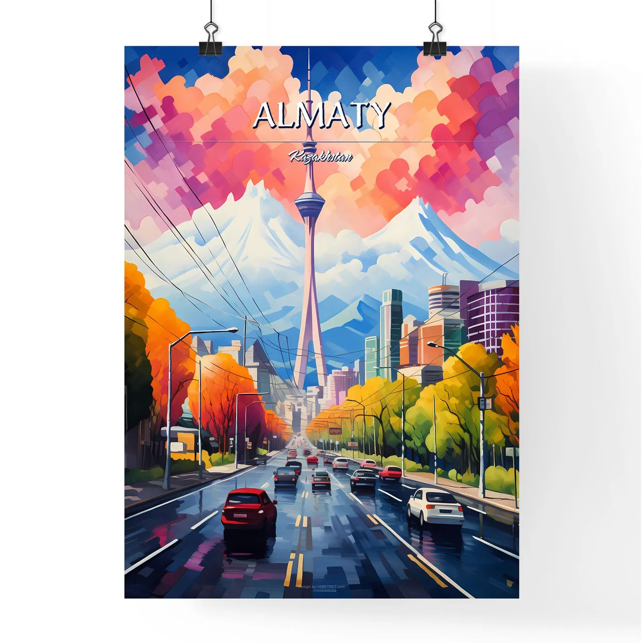 Almaty, Kazakhstan - Art print of a road with cars and trees in front of a tall tower Poster