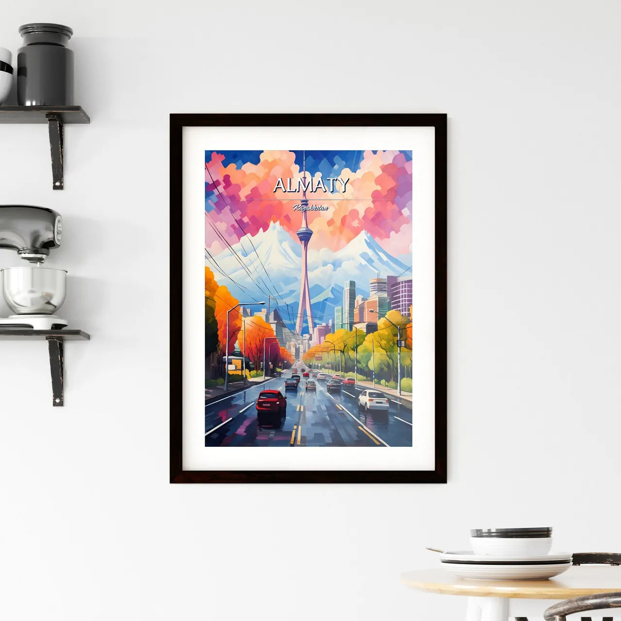 Almaty, Kazakhstan - Art print of a road with cars and trees in front of a tall tower Custom Print