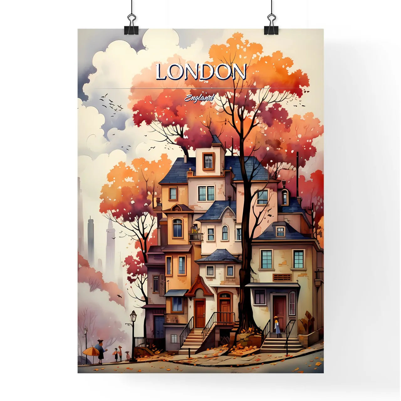 London, England - Art print of a painting of a house with trees and clouds Poster