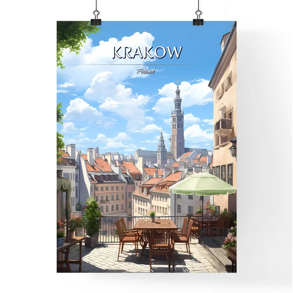 Krakow, Poland - Art print of a patio with a table and chairs and a large tower in the background Poster