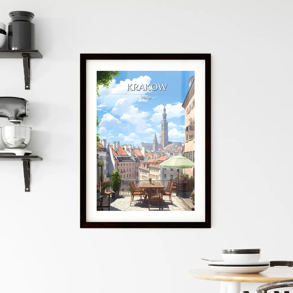 Krakow, Poland - Art print of a patio with a table and chairs and a large tower in the background Custom Print