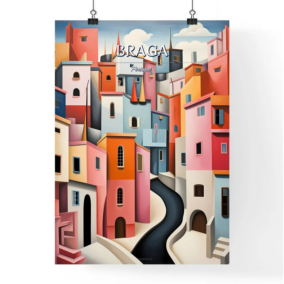 Braga, Portugal - Art print of a colorful city with a winding road Poster