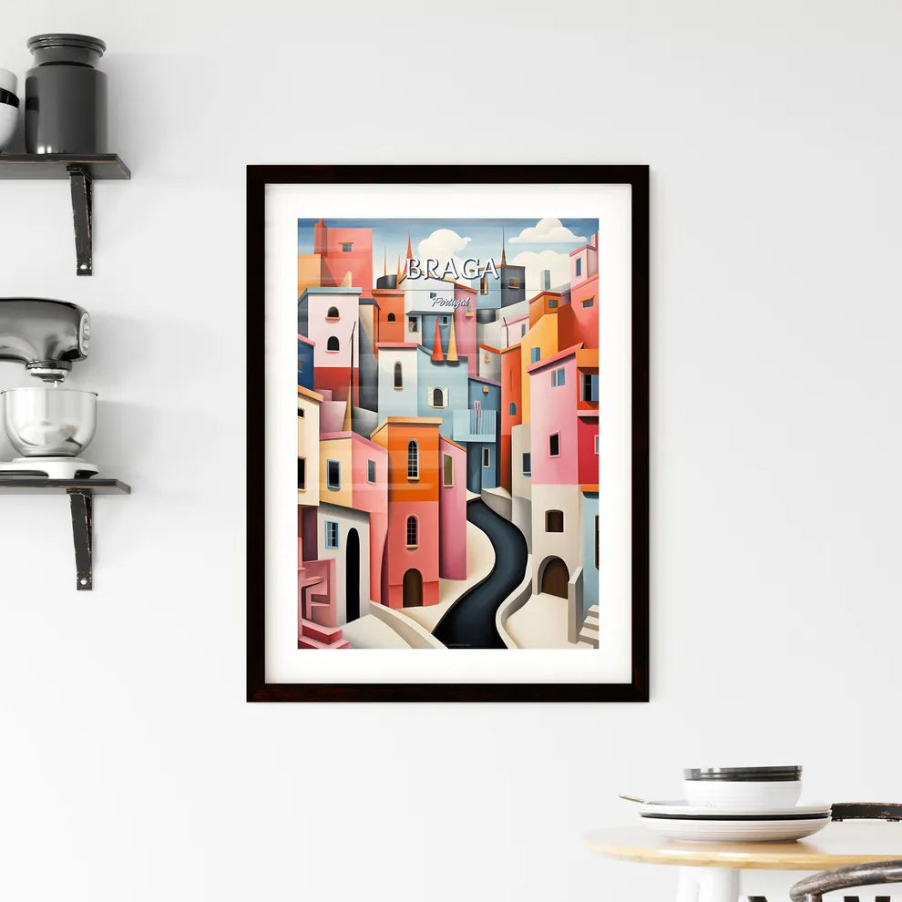 Braga, Portugal - Art print of a colorful city with a winding road Custom Print