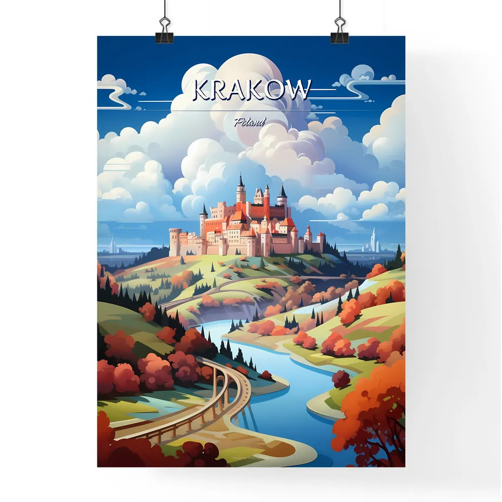 Krakow, Poland - Art print of a castle on a hill with a river and trees Poster