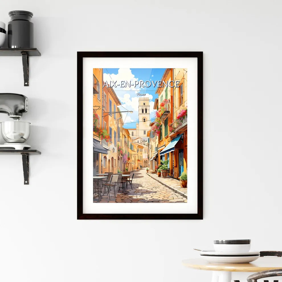Aix-en-Provence, France - Art print of a street with tables and chairs and a tower Custom Print