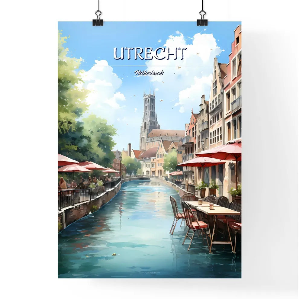 Utrecht, Netherlands - Art print of a water canal with tables and umbrellas Poster