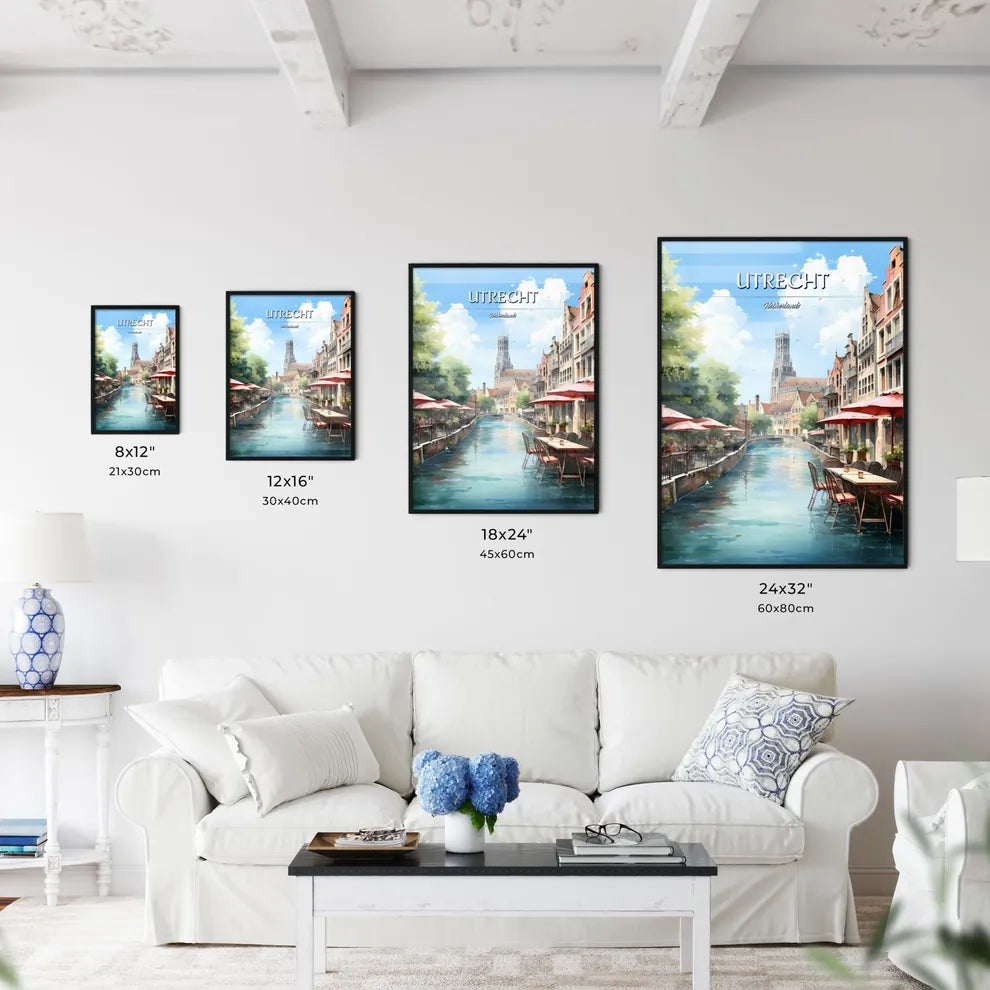 Utrecht, Netherlands - Art print of a water canal with tables and umbrellas Size Chart