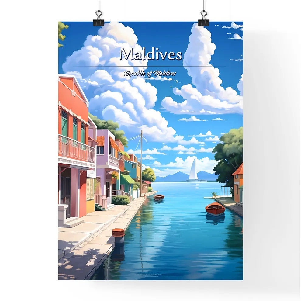 Maldives, Republic of Maldives - Art print of a water way with a row of houses and a boat Poster