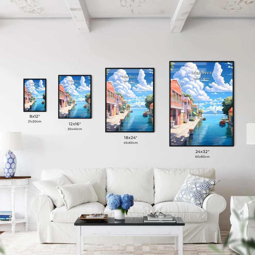 Maldives, Republic of Maldives - Art print of a water way with a row of houses and a boat Size Chart