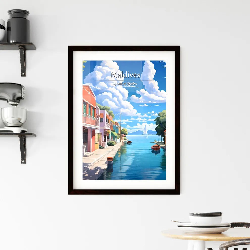 Maldives, Republic of Maldives - Art print of a water way with a row of houses and a boat Custom Print