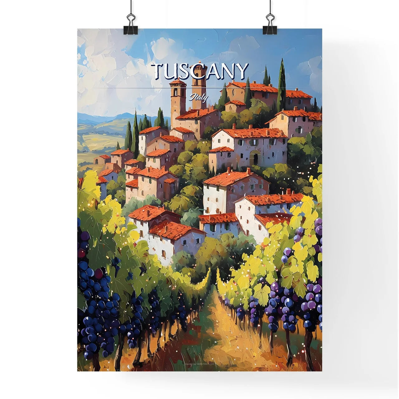 Tuscany, Italy - Art print of a painting of a town with a vineyard Poster