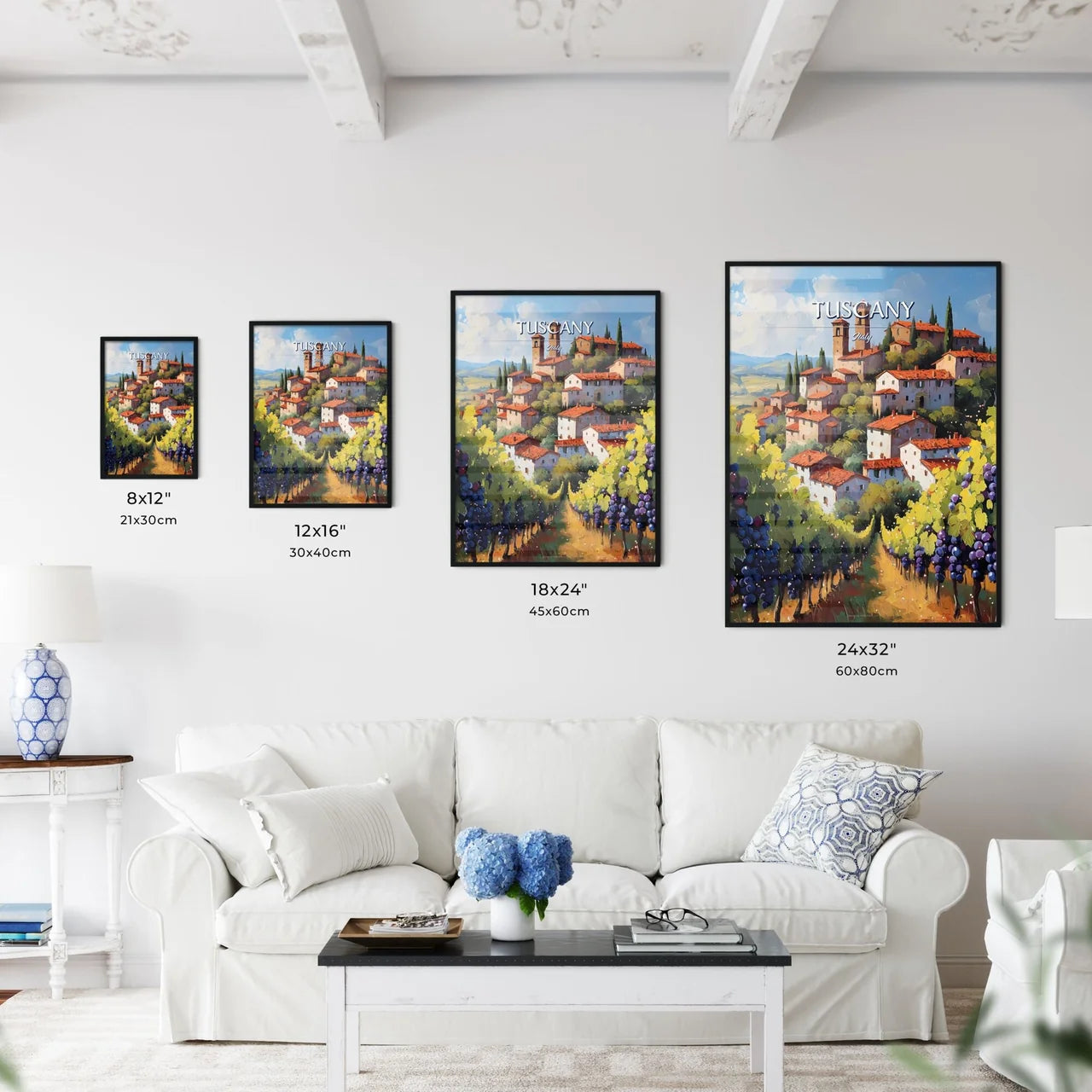 Tuscany, Italy - Art print of a painting of a town with a vineyard Size Chart