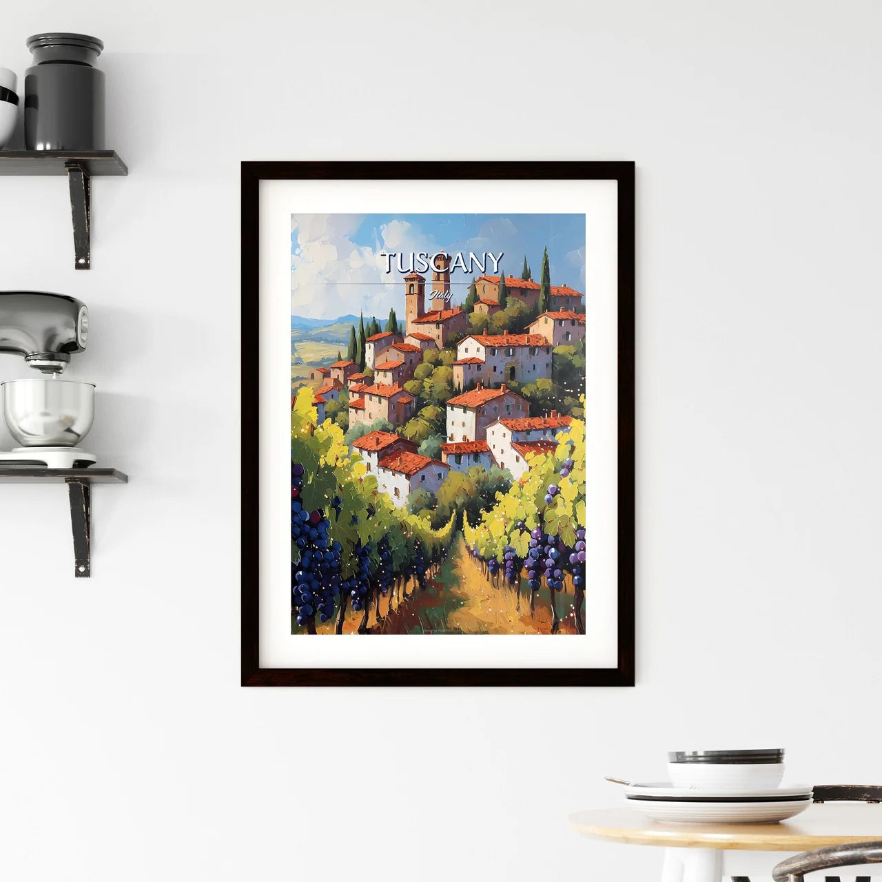 Tuscany, Italy - Art print of a painting of a town with a vineyard Custom Print