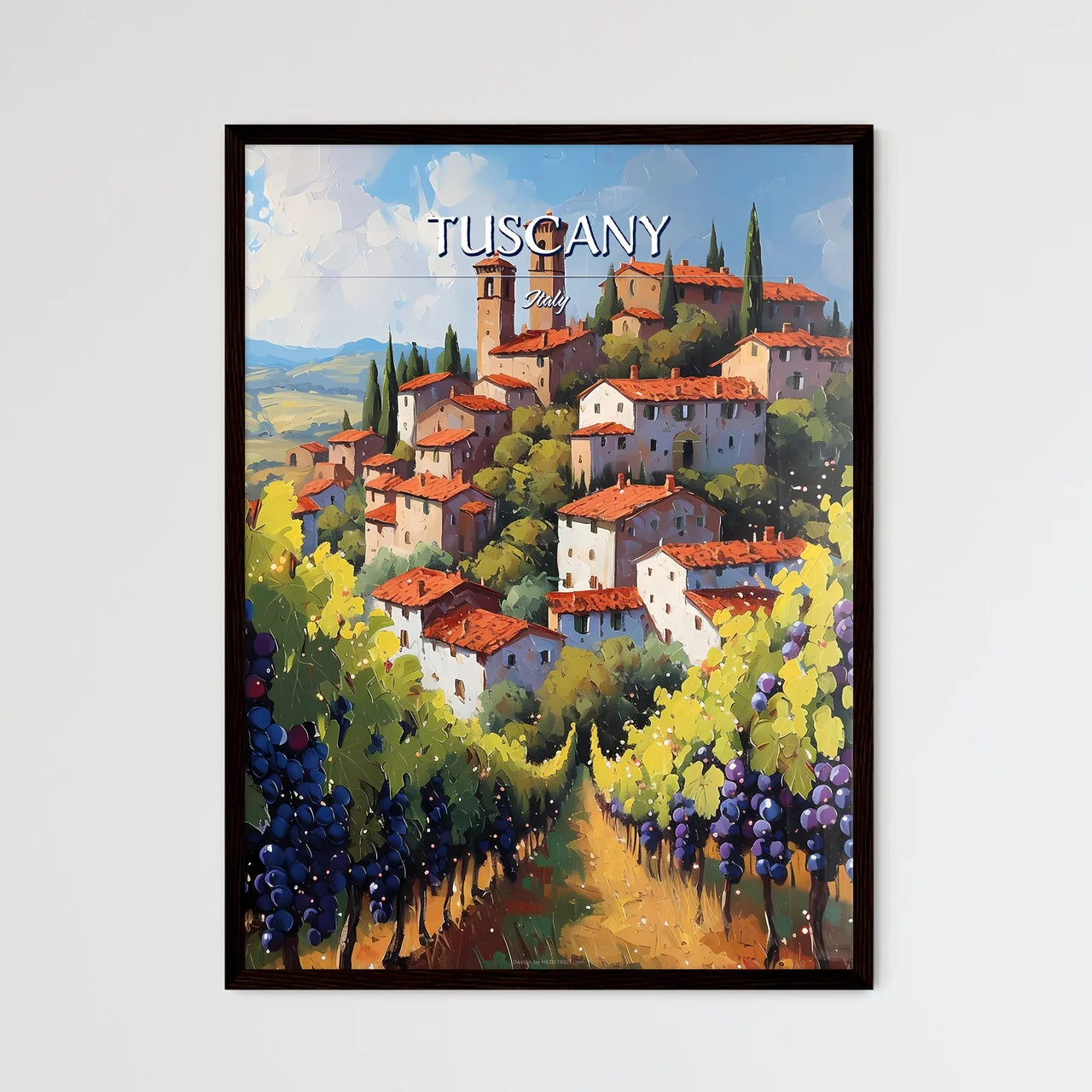 Tuscany, Italy - Art print of a painting of a town with a vineyard Framed Art