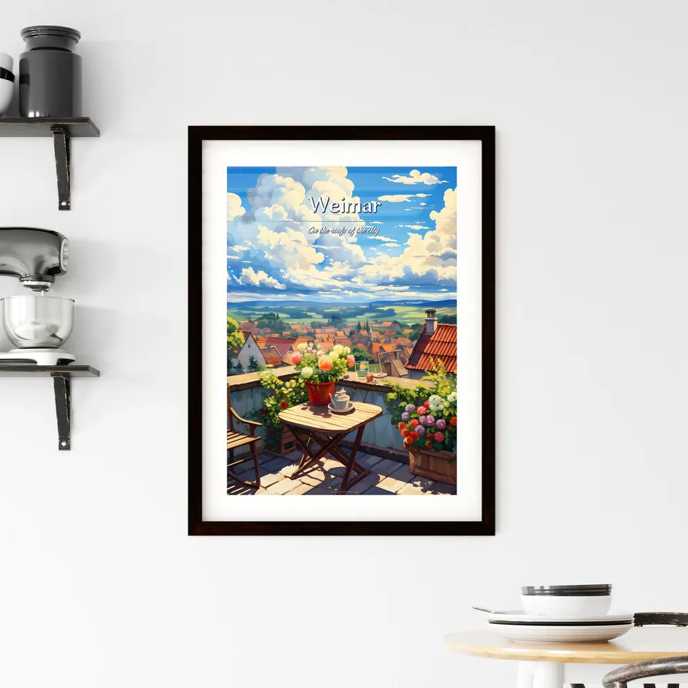 On the roofs of Weimar - Art print of a table and chairs on a balcony with a view of a town and a valley Custom Print