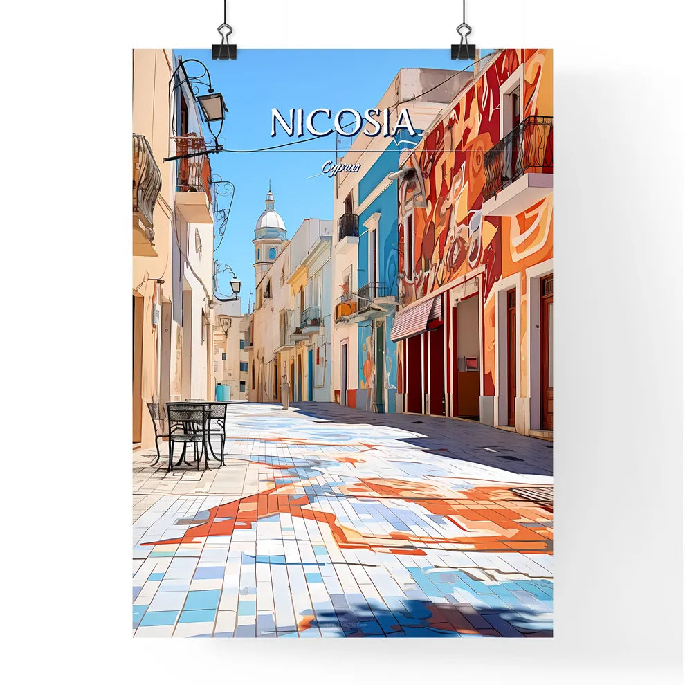 Nicosia, Cyprus - Art print of a street with colorful buildings and a table Poster