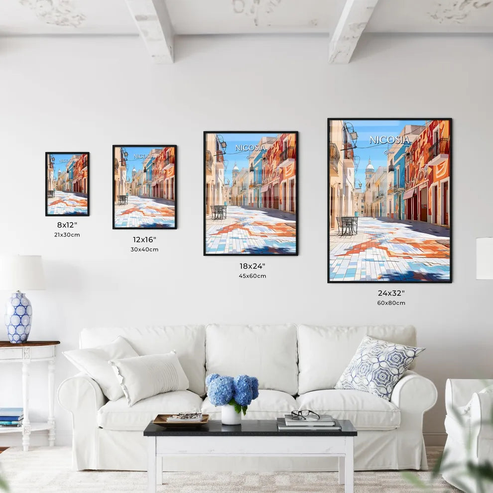 Nicosia, Cyprus - Art print of a street with colorful buildings and a table Size Chart