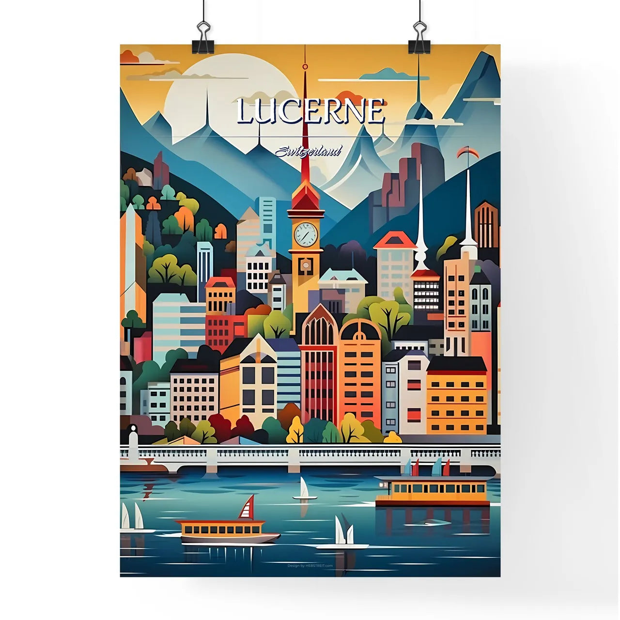 Lucerne, Switzerland - Art print of a city with a clock tower and boats Poster