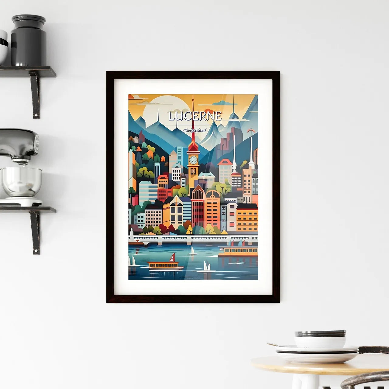 Lucerne, Switzerland - Art print of a city with a clock tower and boats Custom Print