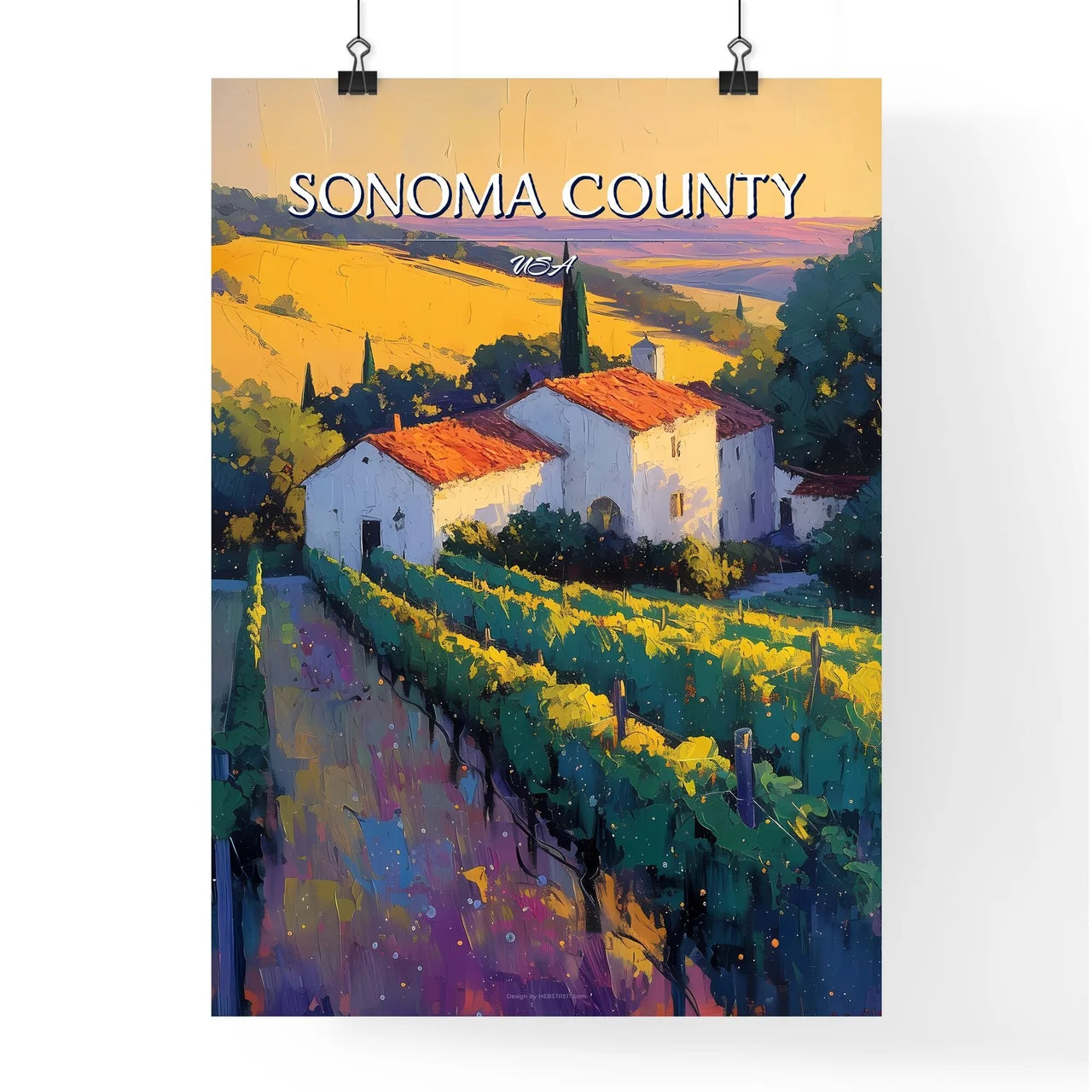 Sonoma County, USA - Art print of a painting of a vineyard and a house Poster